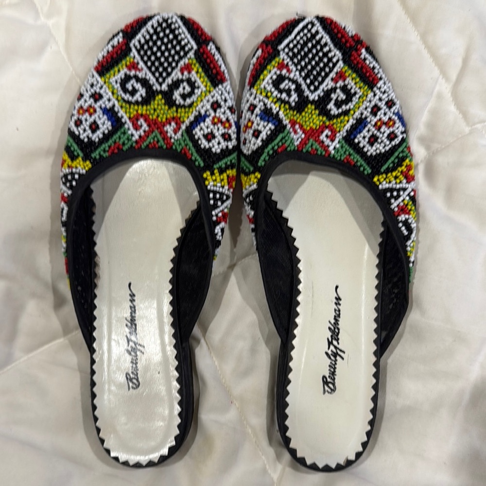 Beverly Feldman Hand-Beaded Slip-On Mules — Vibrant Tribal Design